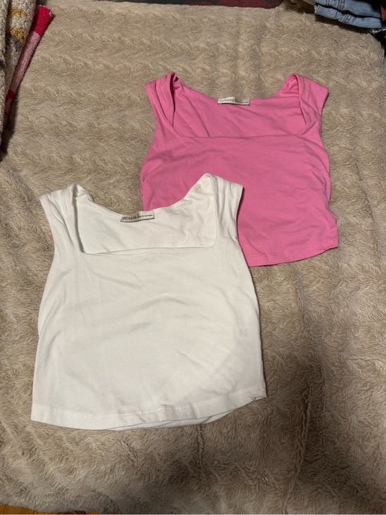 Zenana Outfitters Tops - Zenana Outfitters Pink and White Square-Neck Crop Tanks